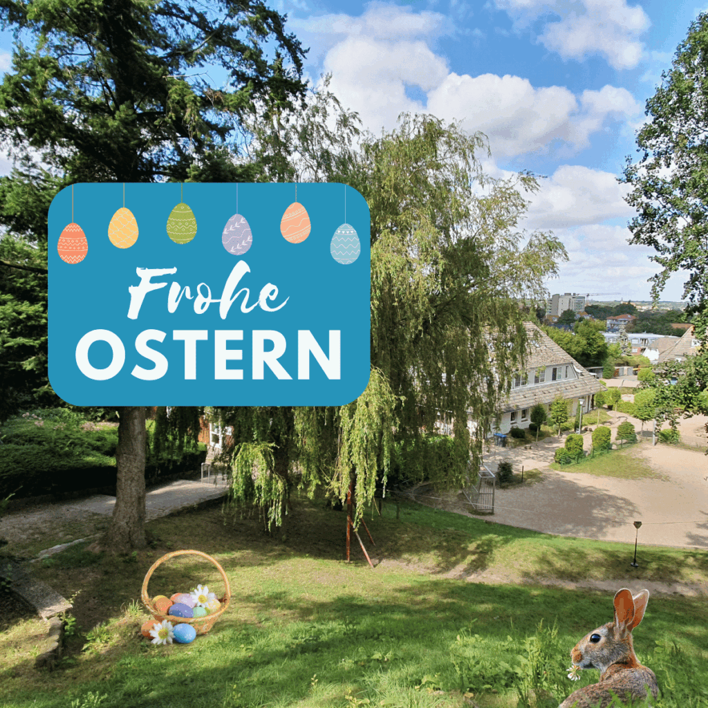 Bild mit Aufschrift Frohe Ostern und einem Bild vom Gelände des Heilpädagogiums in Eckernförde