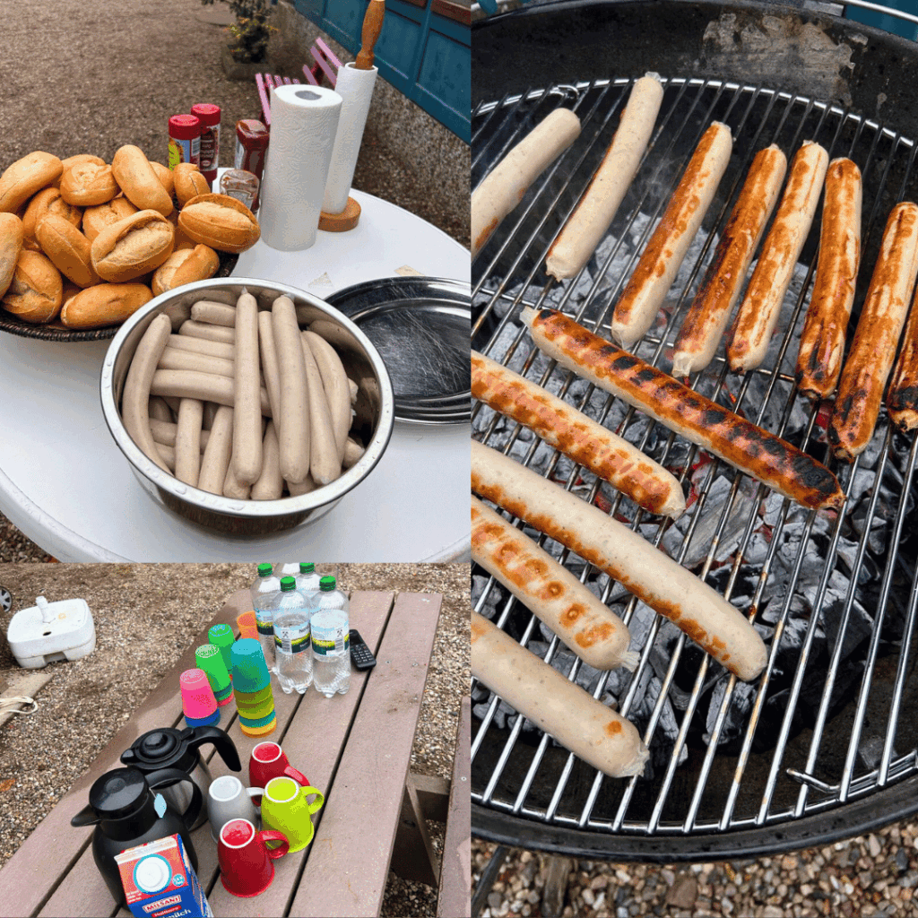 Wurst auf dem Grill und Brit und Getränke