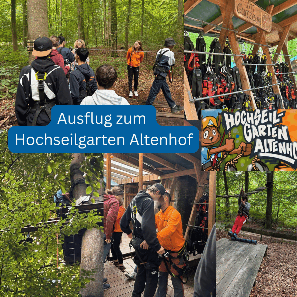 Collagevom Hochseilgarten Altenhof mit Sicherheitsgurt anlegen, Startpunkt, Plattform in den Bäumen