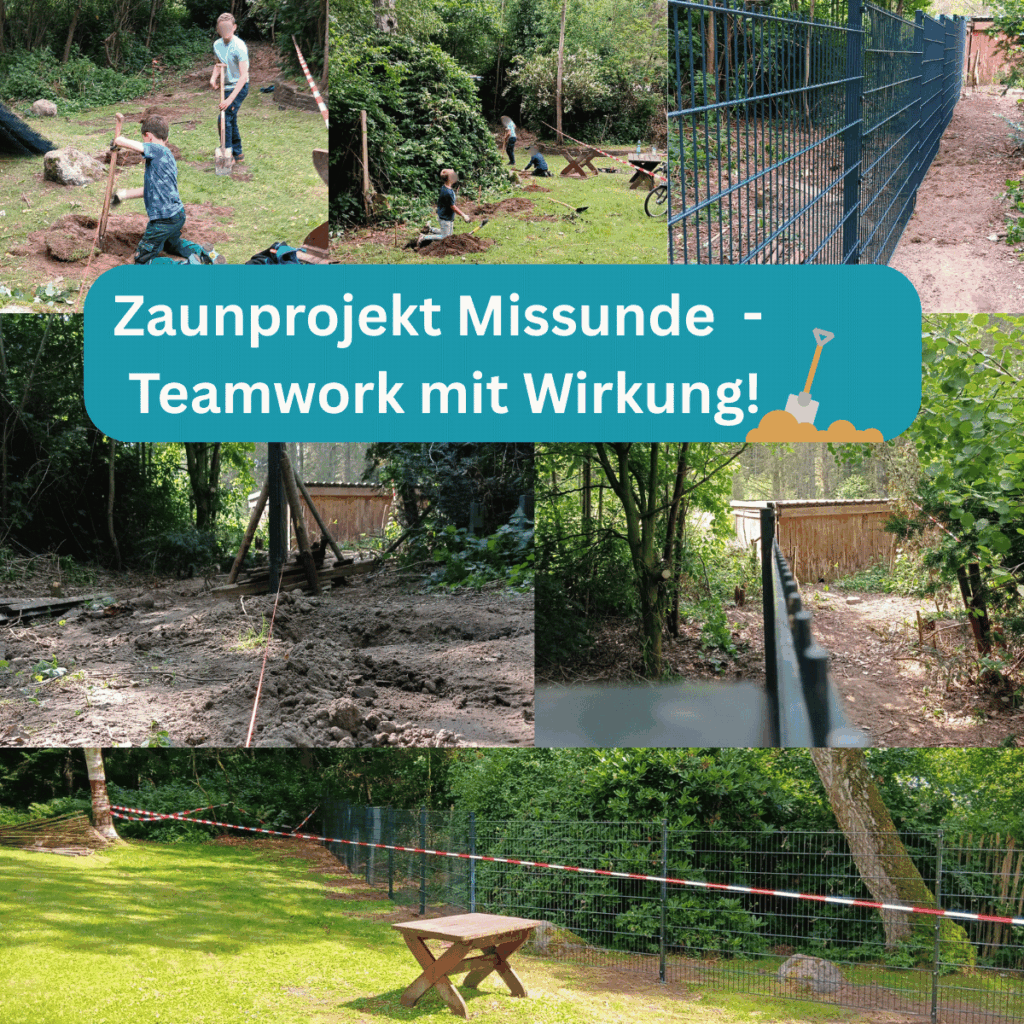 Zaunbau in Missunde, Kinder graben mit Schaufeln Löcher