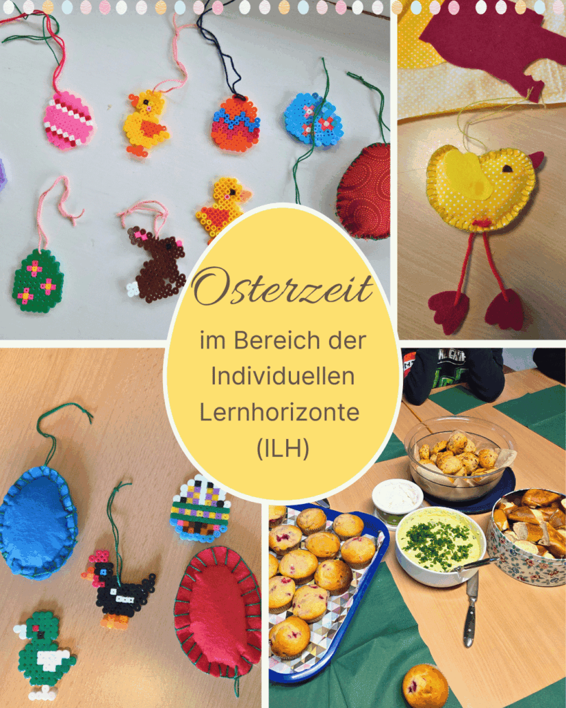 Fotos von Osterbastelarbeiten und einem Frühstück aus dem Bereich der Individuellen Lernhorizonte