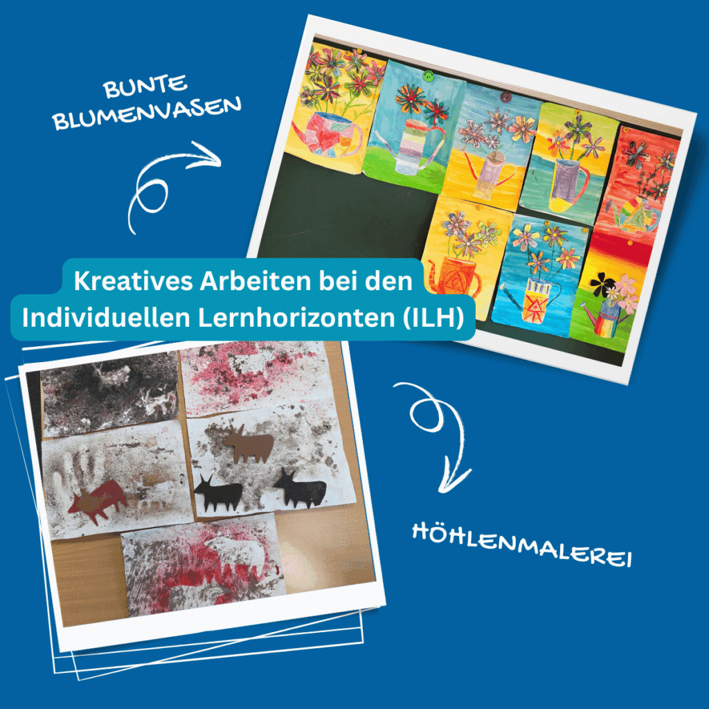 Bilder der Schüler aus dem Unterricht: Bunte Blumenvasen und Höhlenmalerei